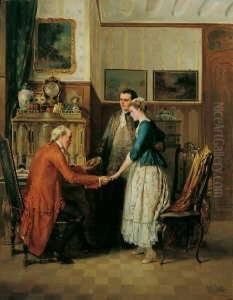 Die Verlobung. Das Junge Paar Vor Dem Brautvater Stehend. by Carl Heinrich Hoff