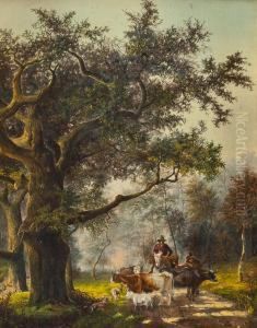 Bauern Mit Vieh Auf Waldweg by Van'T Adrianus Johannes Hoff