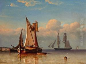 Zeilboten Bij Windstilte Aan De Kust by Georges Johannes Hoffmann