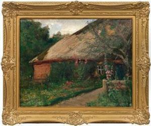 Norddeutsche Bauernkate Mit Stockrosen Im Garten by Franz Hoffmann-Fallersleben