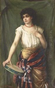 Junge Italienerin Mit Einem Tambourin. by Albert Hoflinger
