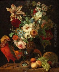 Pronkstilleven Van Boeket In Siervaas,vruchten En Vogel by Pieter Hofmans, Il Giannizzero