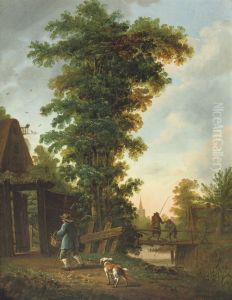 A Boy And His Dog On A Track Near A Cottage, Figures Fishing On Abridge Nearby by Pieter Hofmans, Il Giannizzero