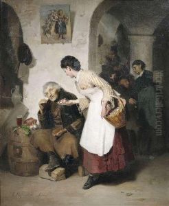 In Front Of A Hostelry. 
A Lady Giving Flowers To A Mendicant.
