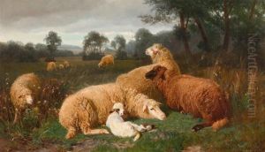 Sheep Resting In Aresing Landscape by Johann Baptist Hofner