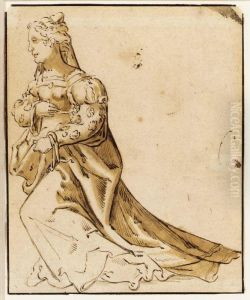 A Kneeling, Elegantly Dressed Lady by Nikolaus Hogenberg