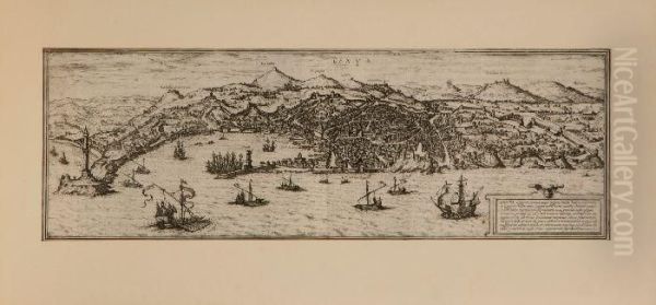 Hongenberg ,"veduta Di Genova", Acquaforte, Presentazione Della Citta In Bassoa Destra, Didascalie Nella Veduta, Nel Retro Testo Impresso, Xviisecolo, Mm. 210x540, Margine Bianco Superiore, In Cornice. Cartapresente In Un'edizione Francese Dell'atlante Di - view 1