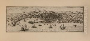 Hongenberg ,"veduta Di Genova", Acquaforte, Presentazione Della Citta In Bassoa Destra, Didascalie Nella Veduta, Nel Retro Testo Impresso, Xviisecolo, Mm. 210x540, Margine Bianco Superiore, In Cornice. Cartapresente In Un'edizione Francese Dell'atlante Di by Franz Hogenbergh