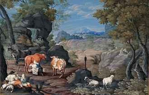 Sommerliche Landschaft Mit Hirten Und Melkerin Bei Einem Wasserfall (pastorale) - view 1