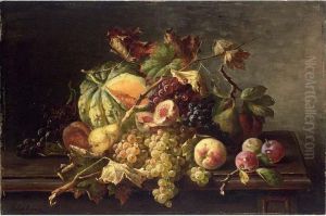 A Still Life With Grapes, Peaches, Prunes And A Pumpkin All On A Wooden Ledge