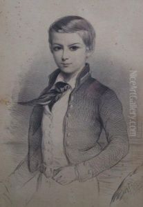 A Portrait Of A Young Boy, Standing Half Length In Naval Dress, The Sea And A Ship Beyond by Adolf Hohneck