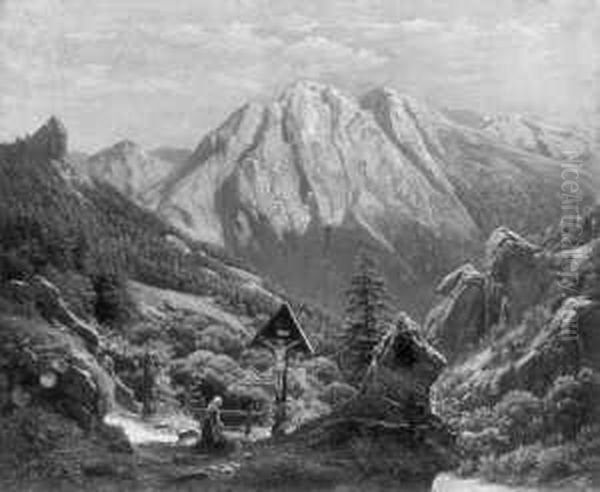 Hochgebirgslandschaft Mit Junger Frau An Einem Wegkreuz. Ol Auf Leinwand. H 70; B 84 Cm. - view 1