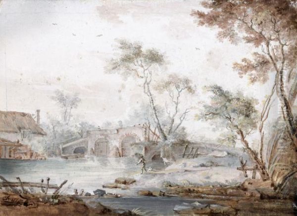 Pecheur Au Pied D'un Pont Et Lavandiere Devant Un Moulin - view 1