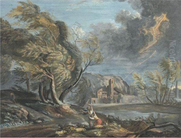 Stormy Landscape, With Shepherds And Flocks Frightened Bylightning - view 1
