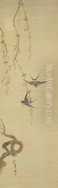 Swallows And Forsythia - view 1