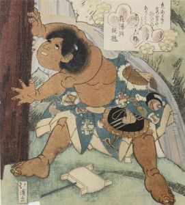 De Jonge Kintoki (kintaro) Schudt Mythologische Vogels (tengu) UitEen Ceder Boom Toen Hij Met Zijn Moeder Yamauba In Het AshigaruGebergte Woonde