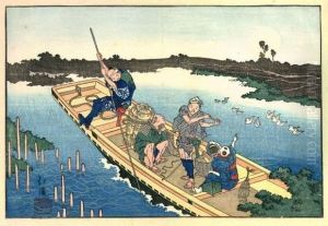 Paysan Dans Une Barque De Pecheur Sur La Riviere Sumida, Admirant La Pleine Lune. by Toyota Hokkei