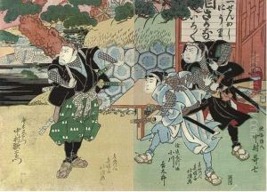 Two Oban Sheets Depicting Actors On A Riverbank Before A Pavilion