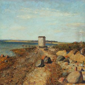 Coastal Scenery With A Boat House By A Bridge by Niels Holbak