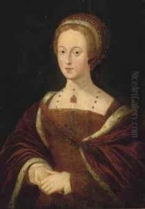 Portrait Of A Lady, Half-length, In A Jewel-encrusted Dress And Anermine-trimmed Red Cape by Hans Holbein the Younger