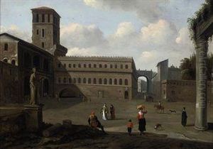 A Medieval Town Square With Figures Beside Roman Ruins by Jan Cornelis Holblock