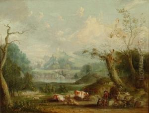 A Shepherd With Sheep And Cattle In A River Landscape With A Ruined Castle On A Hill Beyond A Shepherd With Sheep And Cattle In A River Landscape With A Ruined Castle On A Hill Beyond