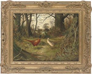 Pheasants On A Wooded Path With A Gate Beyond
