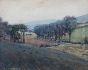 'autumn At Shallowford ' Landscape With Fields, Trees And Birds In
Flight by Edgar Thomas Holding