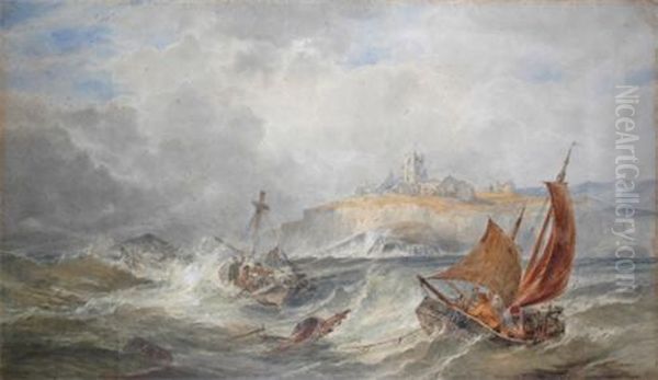 Small Fishing Boats In A Rough Sea Off The Coast With A Ruined Church - view 1