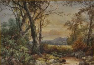 Sheep Grazing Amongst Tees In A Mountainous Landscape by John Holding