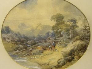 Two Shepherds With Their Charges And Dog In A Pastoral Scene, Watercolour With Heightening, 19th Century, 25 X 30 Cm 250-300