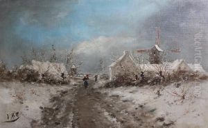 Village Scene In Winter by John Holl