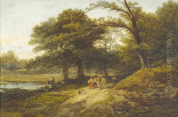 N Bradgate Park, Leicestershire", Country Folk And Their Dogs On A Sunlit Lane Beside A Pond Signed, Also Inscribed With The Title Of The Work And The Artist's Name On A Plaque Attached To The Frame - view 1
