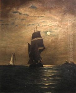Moonlit Ship At Sea by R. Holland