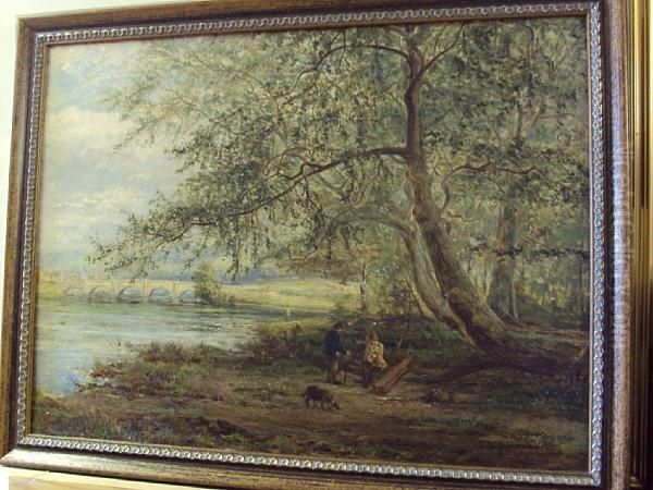 Wooded River Landscape With Gentlemen And Dog By The Riverside - view 1