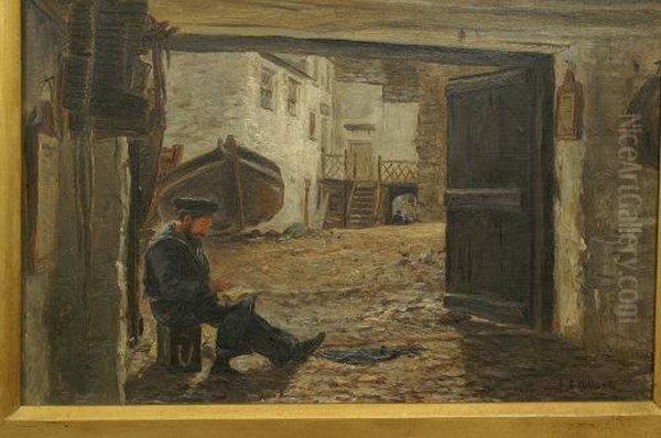 A Quiet Moment, A Seated Fisherman, Before A Courtyard With Boat And Chickens - view 1