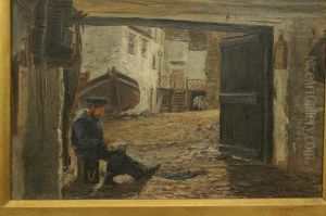 A Quiet Moment, A Seated Fisherman, Before A Courtyard With Boat And Chickens by Sebastopol Samuel Holland