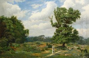 A Breezy Country Landscape With A Lady And Her Dog by Sidney Holland