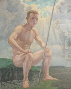 Seated Nude Man With Spear by Karl Holleck-Weithmann