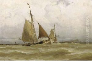 In Full Sail By A Coastline by Jacob Huijbrecht Hollestelle