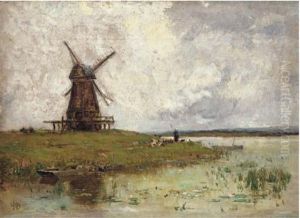 A Shepherdess And Her Flock By A Windmill by Horatio R. Hollingdale