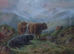 Highland Cattle In Landscape by William Perring Hollyer