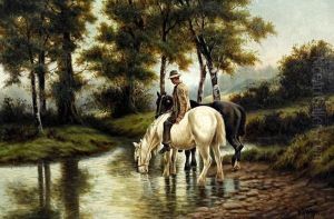 'evening' - Rider And Horses Watering At A Stream by William Perring Hollyer