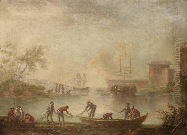 Insjolandskap Med Byggnader Och Fiskare - view 1