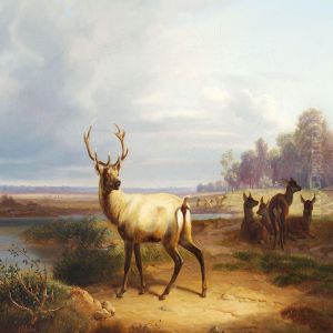 Stag And Red Deer Near A Lake by Christian Frederik Holm