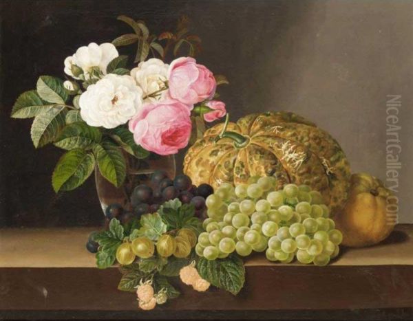 Still Life With Roses In A Glass Vase Together With A Melon, Grapes, Gooseberries, Raspberries And A Grapefruit On A Stone Ledge - view 1