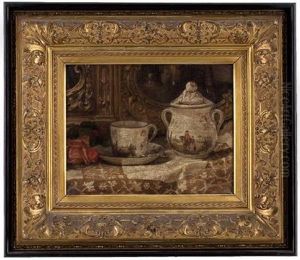 Stillleben Mit Rose, Porzellantasse Undzuckerdose by August Holmberg