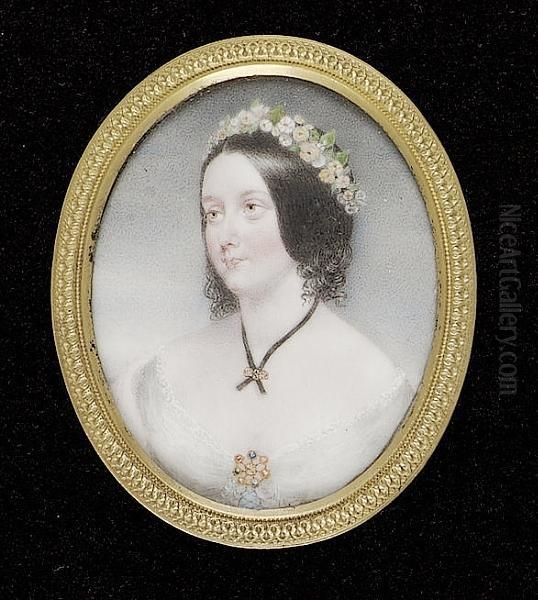 Geraldine Perceval, Wearing White Dress With Brooch At Her Corsage, Black Ribbon Held With A Gold Slide And Garland Of Flowers In Her Dark Hair - view 1