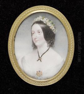 Geraldine Perceval, Wearing White Dress With Brooch At Her Corsage, Black Ribbon Held With A Gold Slide And Garland Of Flowers In Her Dark Hair by James Holmes Junior