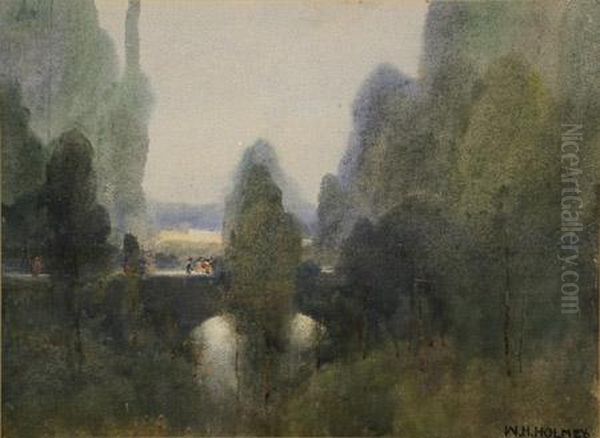 River Landscape With Figures On A Bridge - view 1